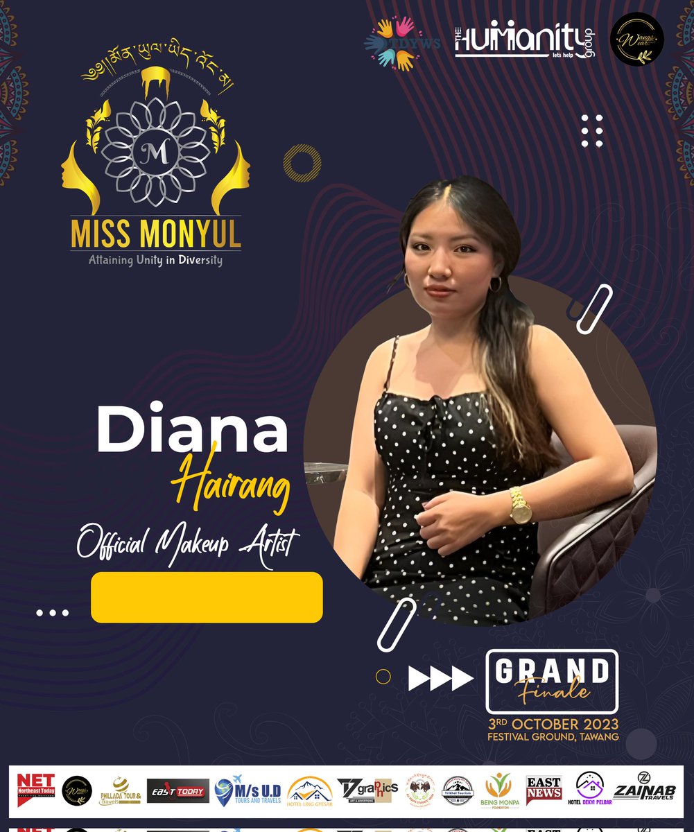 Miss_Monyul's tweet photo. We are delighted to announce that we have #DiannaHairang professional Mekeup Artist as the Styling partner for Miss Monyul 2023!

Grand Finale
03rd October 2023
Festival Ground, Tawang https://t.co/vZb3VHV39G