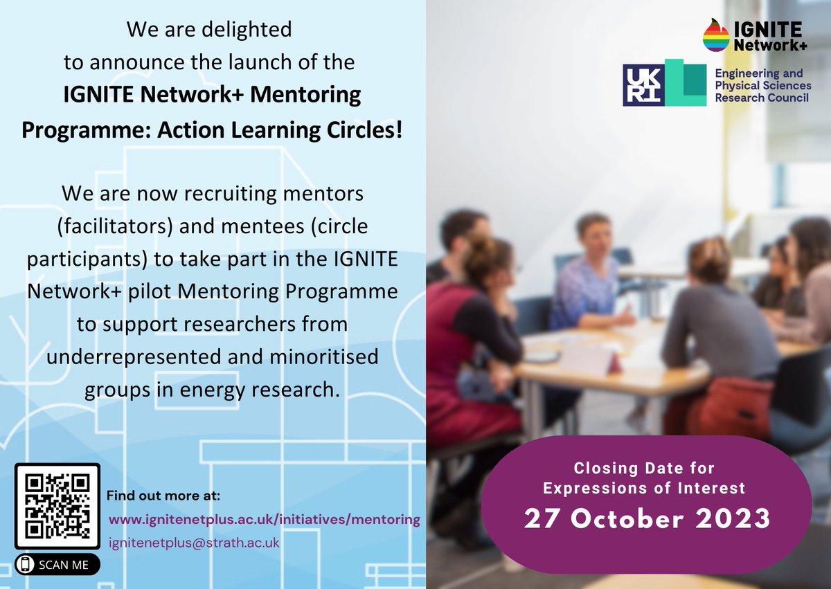 📢 We are delighted to announce the launch of the IGNITE Network+ Mentoring Programme: Action Learning Circles! 
Interested? You can find out more on our web-site: ignitenetplus.ac.uk/initiatives/me…

#DiversityInEnergy #EDI #mentoring #actionlearning #ECRs #EnergyResearch 🧵1/5