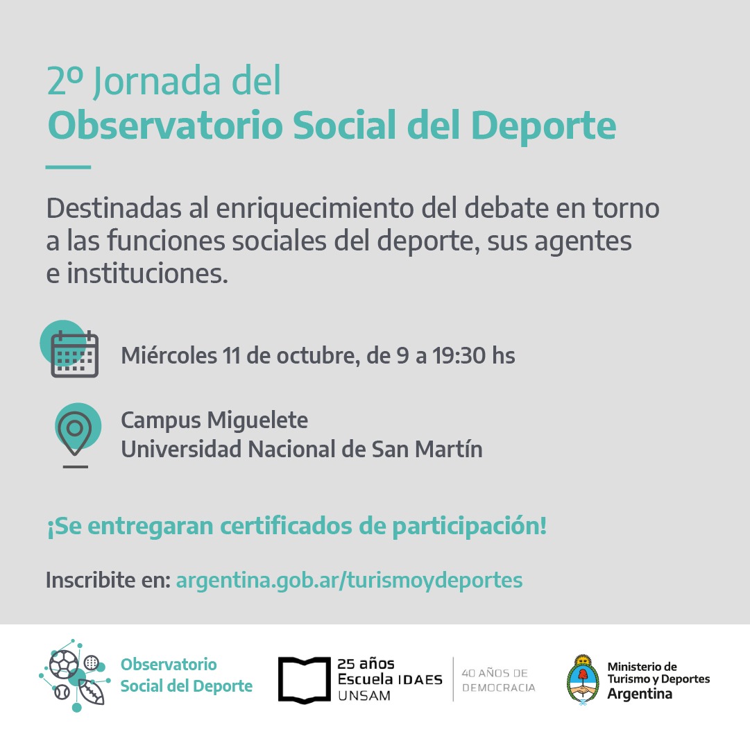 ¡SE VIENEN NUESTRAS SEGUNDAS JORNADAS! ⚽🏋️‍♂️🏅📝

Con el objetivo de fortalecer las redes de pensamiento y promover una mayor federalización desde donde mirar y pensar nuestra realidad social y deportiva, lxs invitamos a la segunda Jornada del Observatorio Social del Deporte 👇