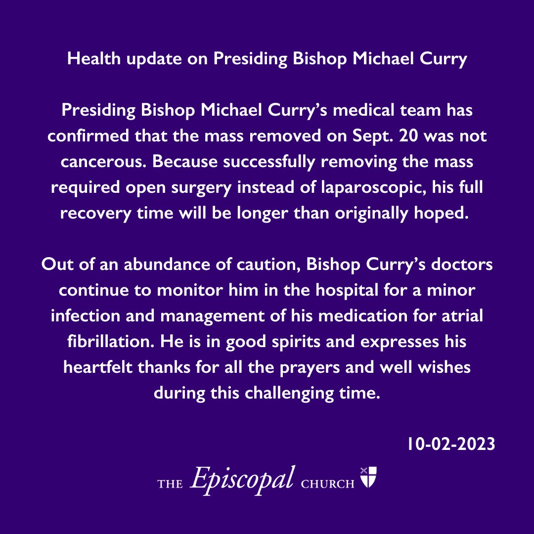 Health update on Presiding Bishop Michael Curry (@PB_Curry): episcopalchurch.org/publicaffairs/…