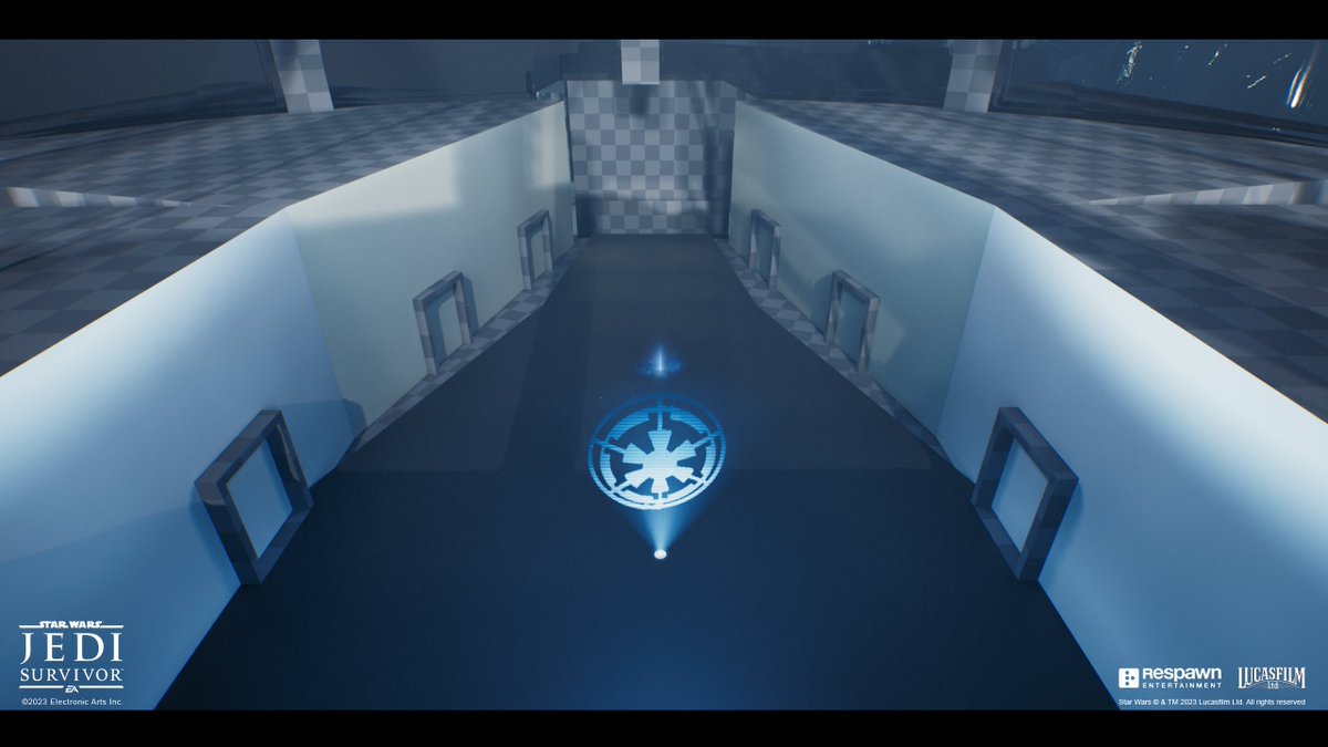 _connor_r's tweet photo. For my final room, I’m showcasing the atrium of the Officer’s Quarters. It is a simple space where an important moment will occur, so it needed to be clean with shapes that help focus the player’s eyes where we want them. (6/7) https://t.co/nnkhpe4oEQ
