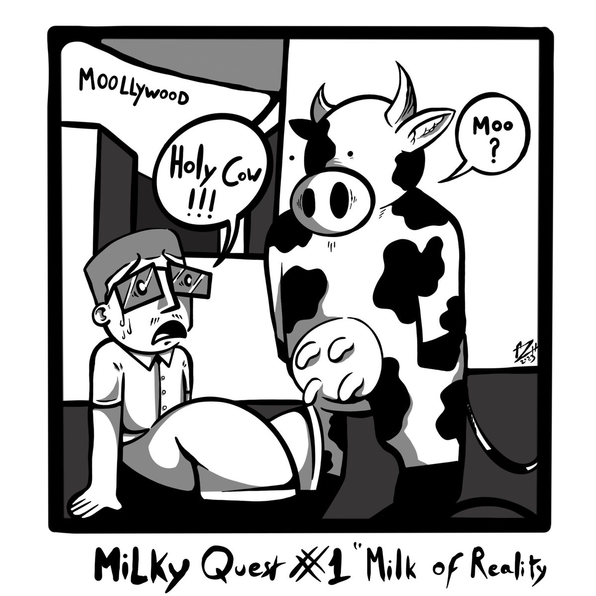 Zoupiot1's tweet photo. Milky Quest ep1 !

Our hero goes to get milk and suddenly finds himself propelled into a dimension where cows are super-powerful beings and reign supreme.  He must find a way to convince the cows to give him milk for his son.

New episode everyday !

#inktober2023 https://t.co/sjXPyrONzB