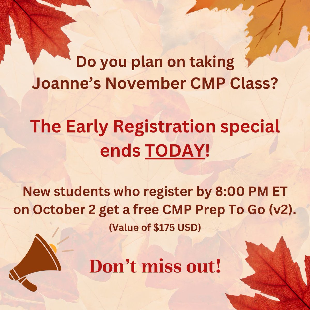 If you plan on taking my November Virtual CMP Class, make sure to register today by 8 PM ET so you can get a free CMP Prep To Go! 
eventsquid.com/event/21627

#themeetguide #cmp #meetingsandevents #miceindustry #eventplanners #hospitality #cmpclass #cmpprep #cmpexam