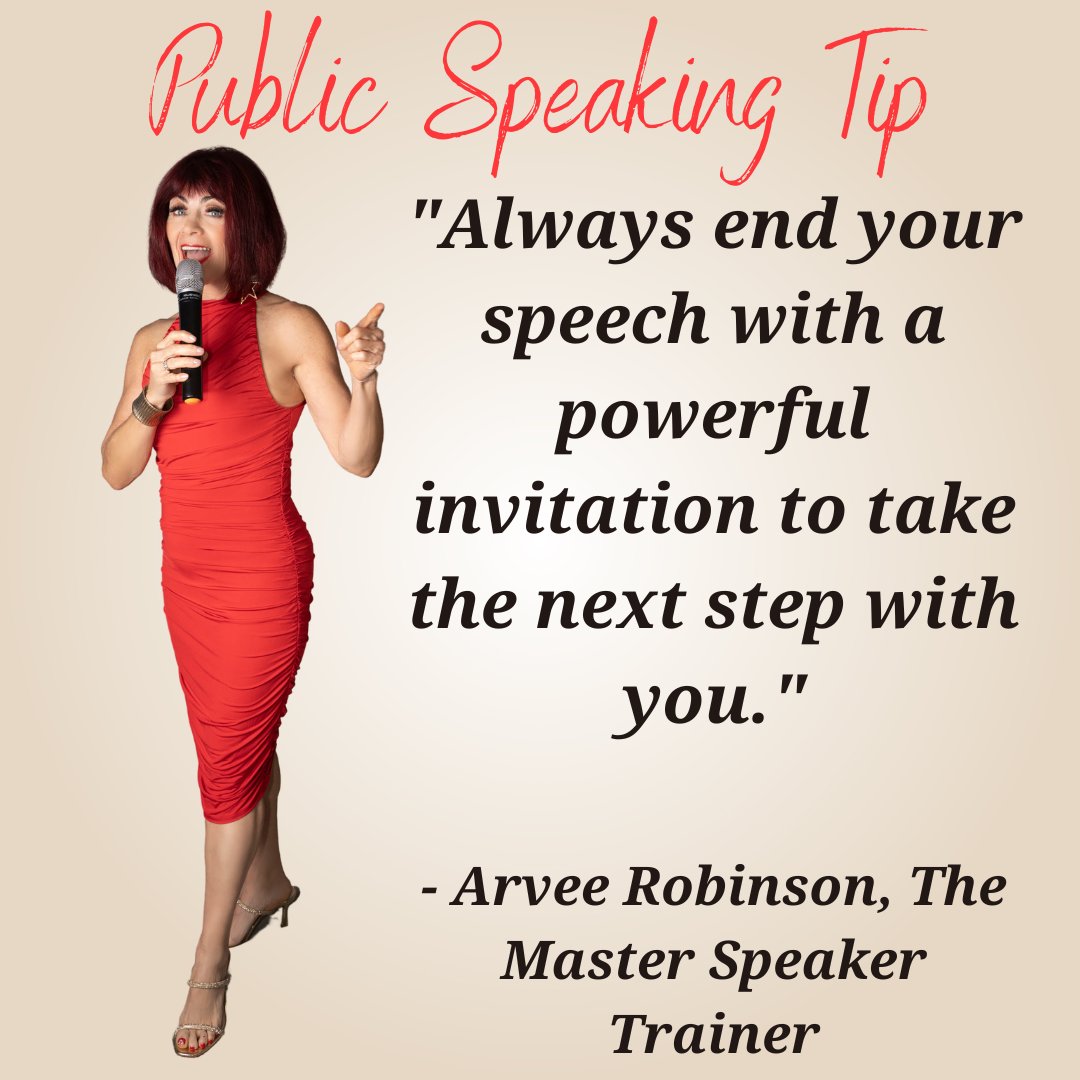 Public Speaking Tip of the Day!

"Always end your speech with a powerful invitation to take the next step with you." - Arvee Robinson The Master Speaker Trainer

#speaking #publicspeaking #publicspeakingtips #leadershiptraining #publicspeaker #communicationskills #arveerobinson
