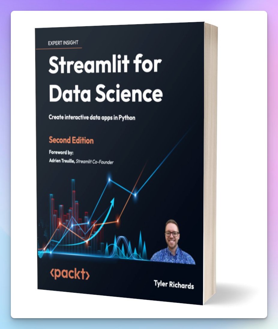 DataChaz's tweet image. 📢 New @Streamlit book giveaway! 🎁

@tylerjrichards&apos;s ace `Streamlit for Data Science, 2nd edition` is out, and I’m giving away 5 copies!

For a chance to win:

1⃣ Retweet this tweet
2⃣ Follow me so I can message you! ;)

I&apos;ll pick our 5 winners by Oct. 6

More goodies below! ↓