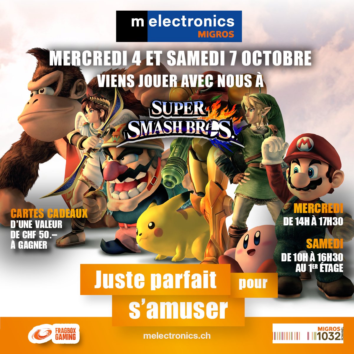 #Event 🎉

Nous t'attendons ce mercredi 4 septembre dès 14H pour une après-midi gaming #SSBU 🥊 avec <a href="/melOnlineShop/">melectronics</a> !

📅De 14H à 17H30
🎁Carte-cadeau de 50.- à remporter pour le meilleur combattant !

Es-tu prêt à affronter <a href="/Chomosuke9/">Chomosuke</a> dans l'arène de la Migros Romanel 😎 ?