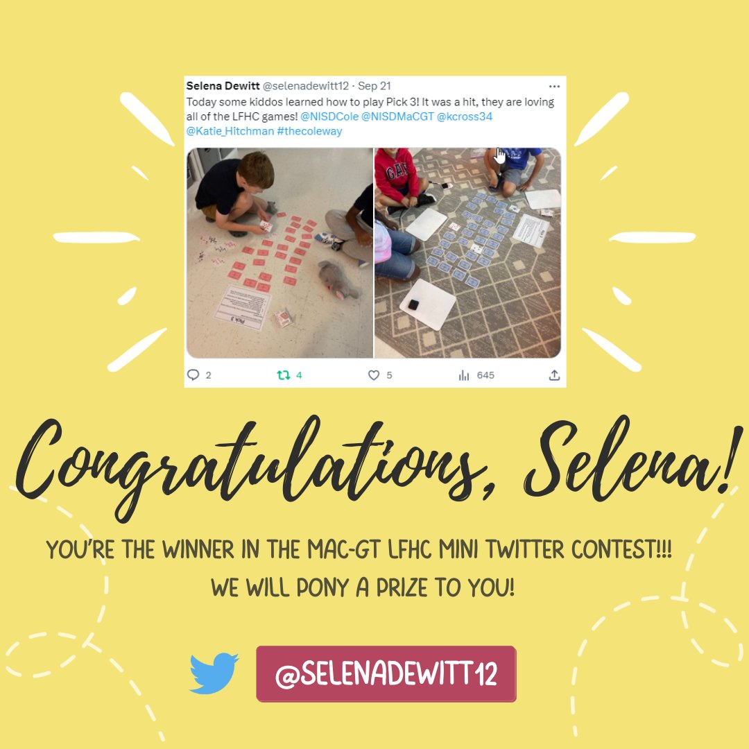NISDMaCGT's tweet photo. 🗣️ Congrats to @selenadewitt12 for winning our LFHC Mini Twitter contest!!! 👏 Thanks for sharing your students stretching their thinking by using these LFHC games! We will pony you a math game/prize this week! #NISDMaCGT https://t.co/5vefSmwV2X