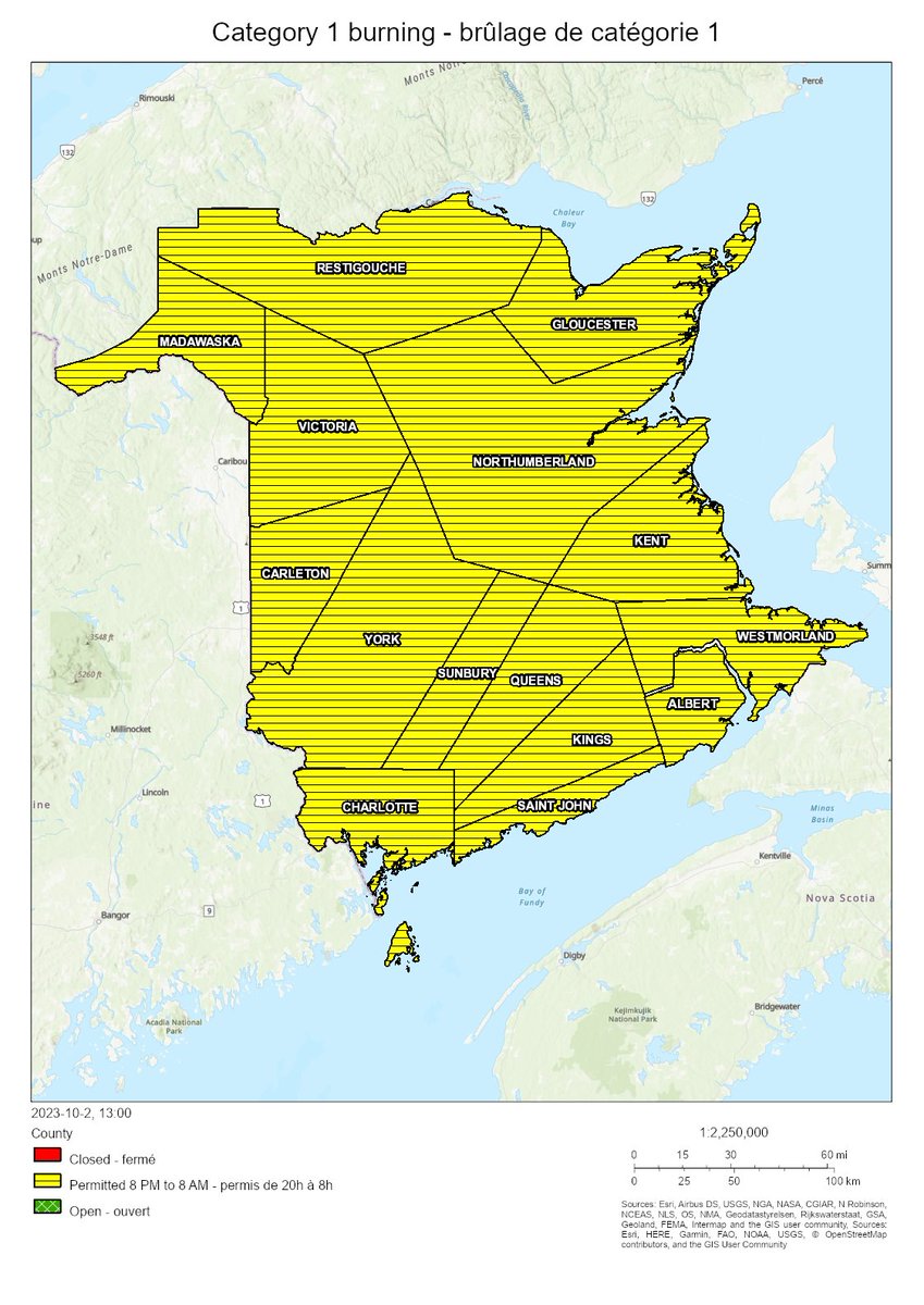 NBForestFires's tweet photo. Burning conditions are valid from 2 PM October 02 to 2 PM October 03. 

Between 8 PM and 8 AM burning is permitted in all counties. https://t.co/55qBqoU3LG