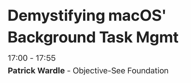 patrickwardle's tweet photo. Super stoked to be talking nerdy tomorrow at @macsysadmin👨🏻‍💻🇸🇪

"Demystifying macOS' Background Task Management"
Date/Time: Oct 3rd @ 17:00 

More details: https://t.co/bwkZfGCpyN

...and wondering if the flaws were patched in macOS Sonoma? Well, come find out! 👀 https://t.co/99jrZ3scuO