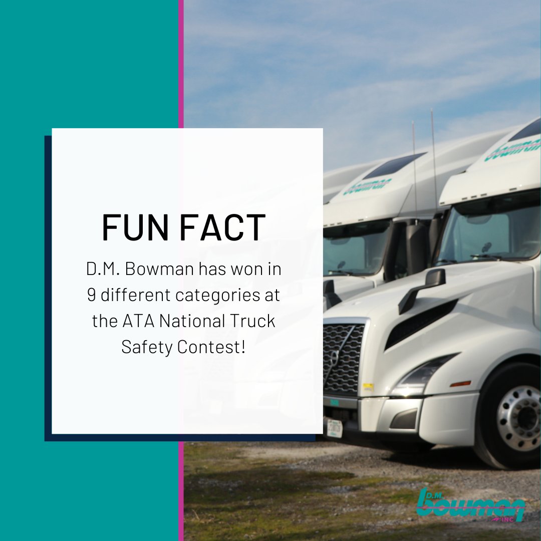 Did You Know? D.M. Bowman is a true safety champion! We clinched victory in not just one, but nine categories at the ATA National Truck Safety Contest.

We’re not kidding when we say safety is at the core of everything we do. 🚛 #TruckingSafety #DMBowman