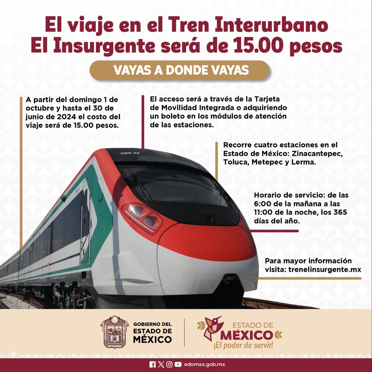 horacioduarteo's tweet photo. A partir de este mes y hasta el 30 de junio de 2024, el Tren Interurbano “El Insurgente” tendrá un costo de 15 pesos. #ElPoderDeServir https://t.co/LoZBouQVuY