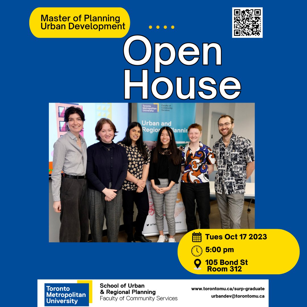 Discover the Master of Planning <a href="/TorontoMet/">Toronto Metropolitan University</a>  at our Open House, Tuesday October 17th. Meet current students, alumni, program admin and explore <a href="/TMUsurp/">SURP</a> to find if this is where you belong.