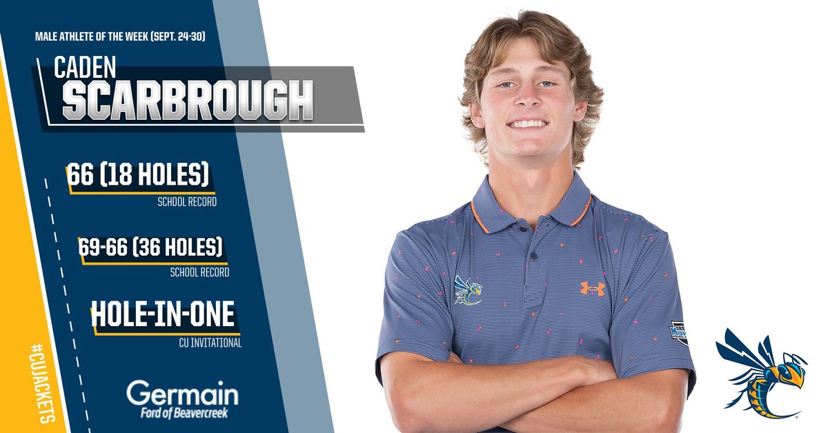CONGRATS! The <a href="/germainfordbcrk/">Germain Ford Bcrk</a> "Male Athlete of the Week" (Sept. 24-30) is <a href="/CUMensGolf/">CU Men's Golf</a> junior Caden Scarbrough. READ MORE: bit.ly/3PI9TBq
#ForHim 🙏⛳️ #BackTheJackets #StingEm
