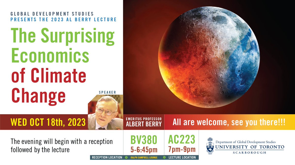 Leslie Chan (@lesliekwchan) on Twitter photo Join us at the Annual Al Berry lecture hosted by the Department of Global Development Studies <a href="/UTSC/">University of Toronto Scarborough</a>. Our keynote will be Prof. Albert Berry himself, speaking on The Surprising Economics of Climate Change. Oct. 18, 7-9pm AC-223. Join us at the Annual Al Berry lecture hosted by the Department of Global Development Studies <a href="/UTSC/">University of Toronto Scarborough</a>. Our keynote will be Prof. Albert Berry himself, speaking on The Surprising Economics of Climate Change. Oct. 18, 7-9pm AC-223.