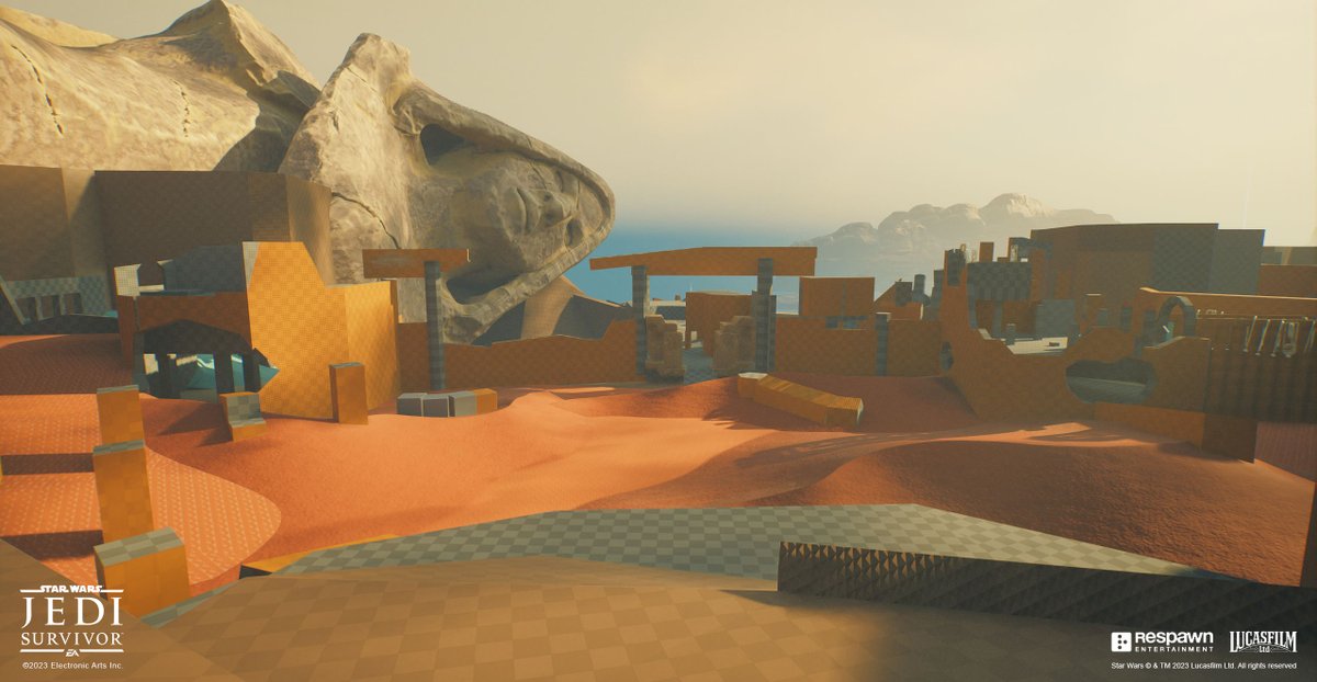 FullyDaft's tweet photo. Greetings! 
It's #Blocktober &amp; I'm excited to show you some of my work from Jedi: Survivor.  Specifically the opening to Jedha. GD is a team effort, in these areas you also see the work of Env. Artists Nate Rulli &amp; Brain Gao and Lighting by Sam Santillo.  #gamedev #leveldesign https://t.co/vWZ2LBJrFz