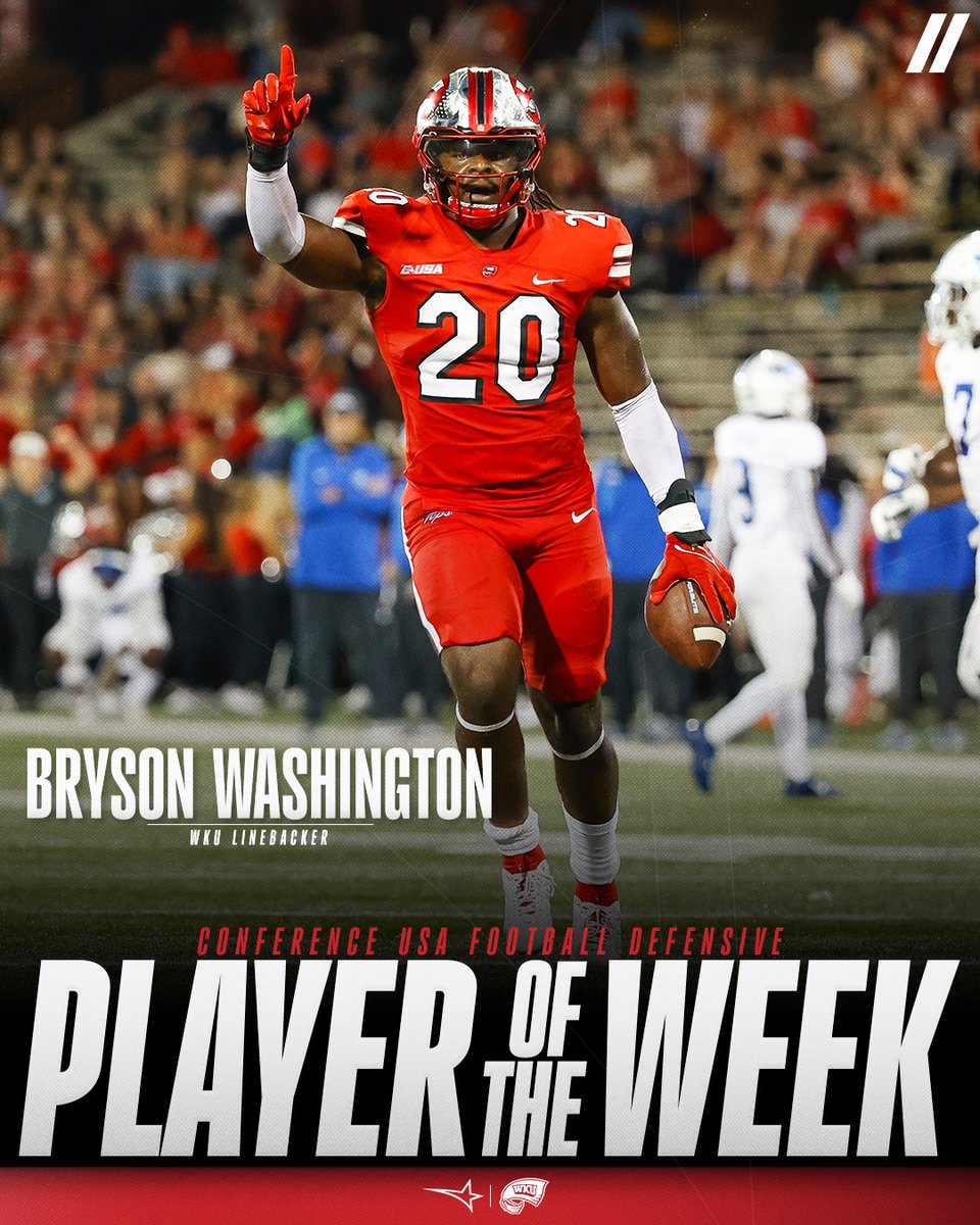 🏈 DEFENSIVE PLAYER OF THE WEEK 🏈
presented by Blenders Eyewear //

🏅1️⃣ Bryson Washington, <a href="/WKUFootball/">WKU Football</a>

#NoLimitsOnUs | t.ly/rMNQe