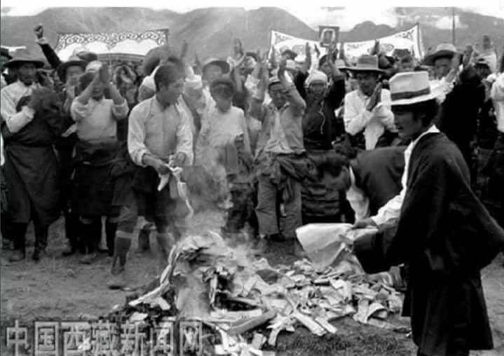 MarxianAngel's tweet photo. Tibetan Serfs (96% of the population) celebrating the end of their serfdom by burning their leases. https://t.co/Dz8ldAqZTn