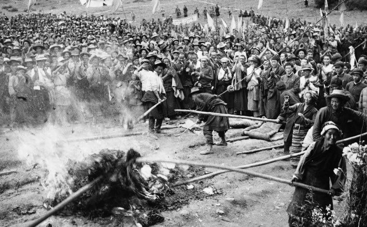 MarxianAngel's tweet photo. Tibetan Serfs (96% of the population) celebrating the end of their serfdom by burning their leases. https://t.co/Dz8ldAqZTn