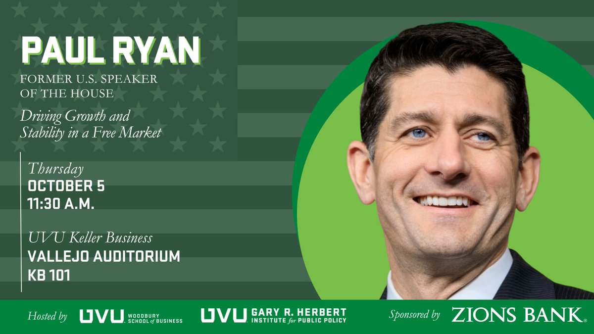 DON'T MISS IT! Paul Ryan @speakeryan will guest lecture at @uvu for the @uvuwsb #HalladayLectureSeries on federal spending, fiscal responsibility, Saturday's spending agreement, and possible future #GovernmentShutdown. @uvusa @uvuCHSS #utpol #FreeEvents #HappeningattheHerbert