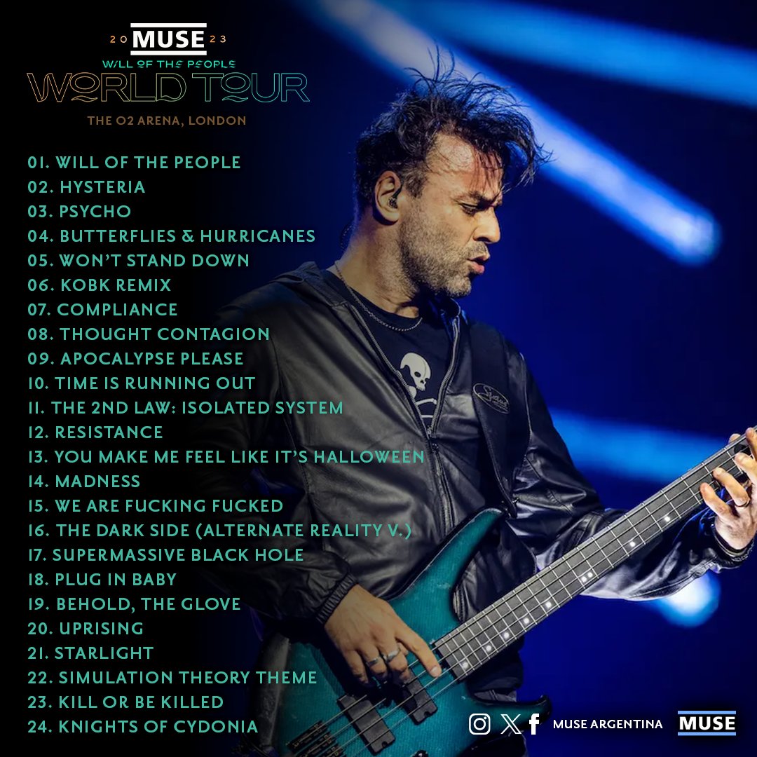 muse_argentina's tweet photo. Setlist de Muse en Londres 🏴
01/10 • #WillOfThePeopleWorldTour
Apocalypse Please ✅
Resistance / Kill Or Be Killed ✅
#MuseLive #MuseLondon https://t.co/Q5kHE02E6R