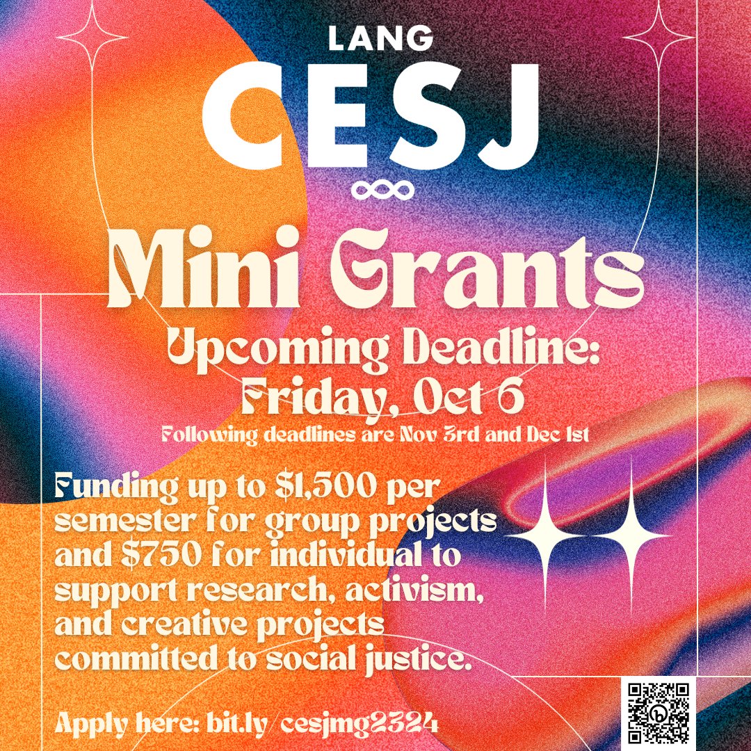 Upcoming Mini Grant applications are due this Friday October 6th! Follow the link or scan the QR code to apply: bit.ly/cesjmg2324