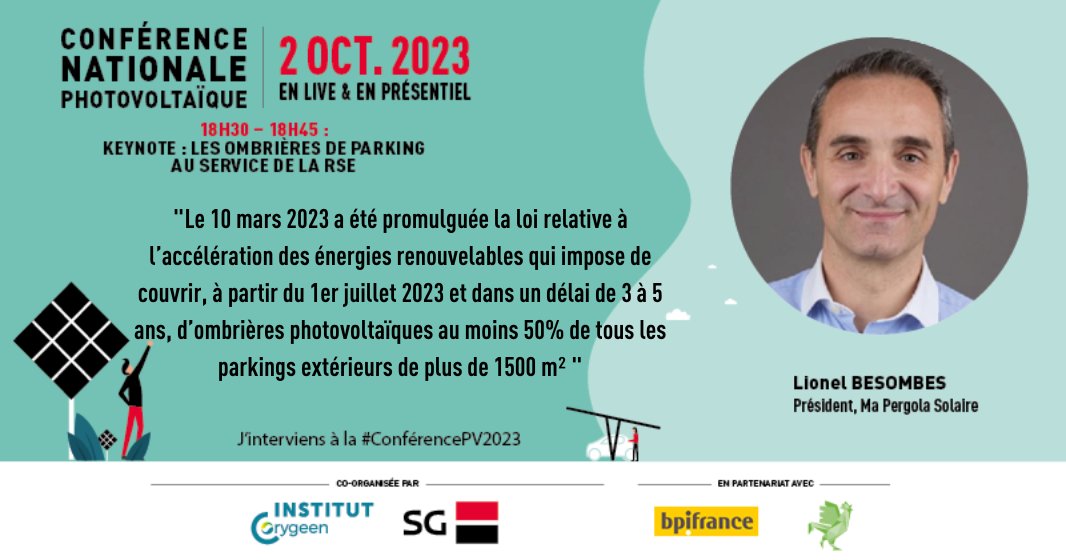 💡 Lionel Besombes intervient lors de la Keynote : les ombrières de parking au service de la RSE.

SG Bpifrance Le Hub La communauté du Coq Vert ZIA AGENCY

#ConferencePV2023 #energiesrenouvelables #innovations #solaire #photovoltaïque