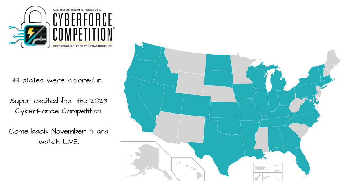 DOECyberForce's tweet photo. Registration is closed and we wrapped with 33 states colored in. We can't wait to see you all in November!!! #CyberForceCompetition https://t.co/Oj8HRnYn77
