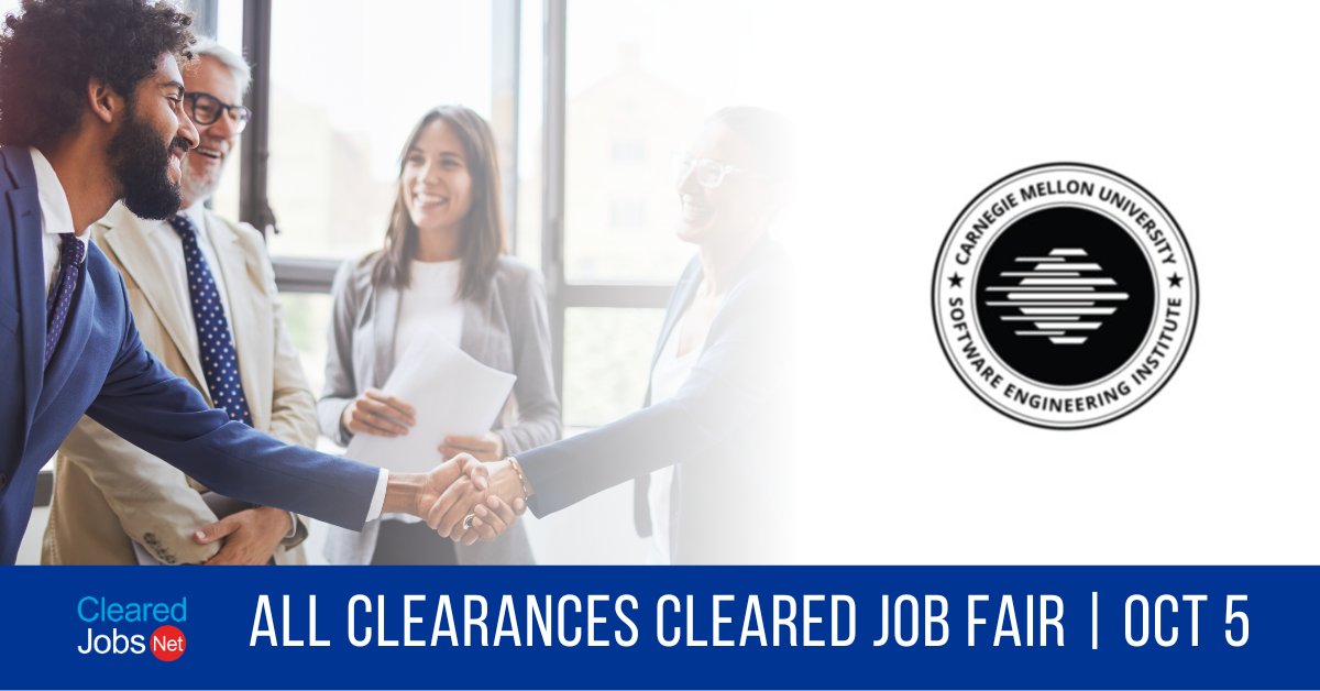 ClearedJobsNet's tweet image. Chat with @SEI_CMU at the October 5 All Clearances #ClearedJobFair clearedjobs.net/job-fair-compa… #EmbeddedSoftwareEngineer #Cybersecurity