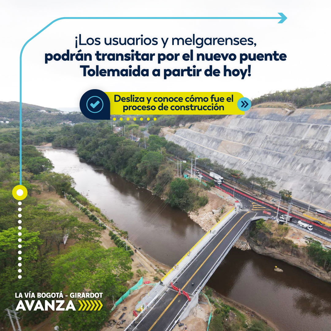 ViaSumapaz's tweet photo. Luego de meses de arduo trabajo, podemos decir: ¡lo logramos!💪construimos el nuevo puente Tolemaida con mejores especificaciones técnicas y de seguridad a disposición de los viajeros y habitantes de Melgar📍.

Nos complace anunciar que a partir de hoy, habilitaremos el paso por la estructura🚘.

Esta obra traerá importantes beneficios para el municipio, entre tantos, la mejora en la movilidad, la reducción de incidentes viales, el fortalecimiento del turismo y muchos más👏.

Desliza👉👈 y conoce cómo fue el progreso de estos trabajos.

Para mayor información acerca de la nueva estructura, lee nuestro comunicado📲: https://t.co/HOLBIZ0Igr

-
#VÍABOGOTÁGIRARDOT #ProyectoTercerCarril #PuenteTolemaida #Melgar #ObrasEnMelgar #AvenceDeObra #AperturaDelPuente #Movilidad #Seguridad #VINCIConcessions #VINCIHighways