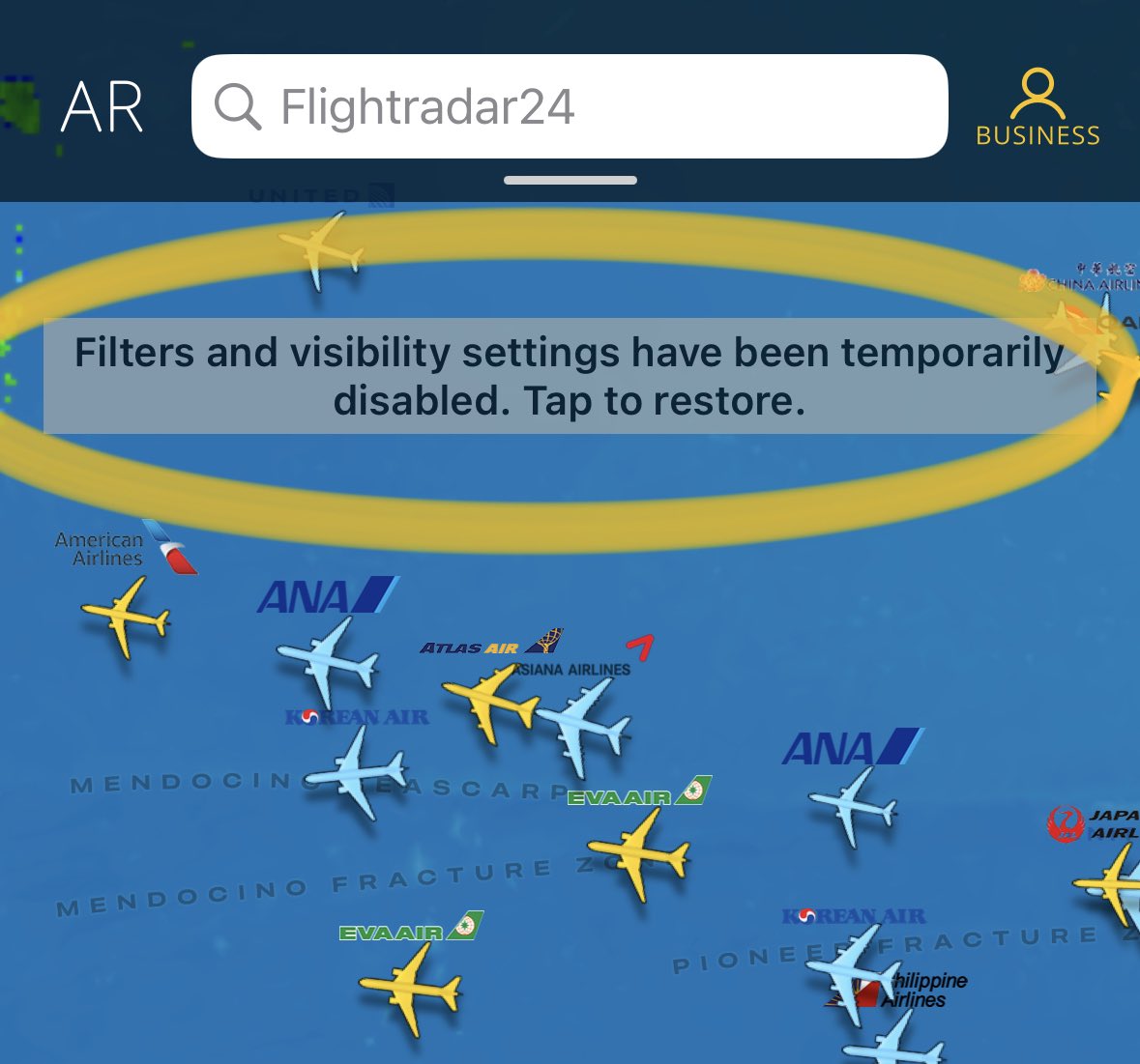 flightradar24's tweet photo. Using the Flightradar24 app and this message pops up?

You’ll see this message when you’ve used search or clicked on a link that doesn’t meet one of your filter or visibility criteria. Just tap the banner to go back to your selected filters. https://t.co/dn1iA8vxUA