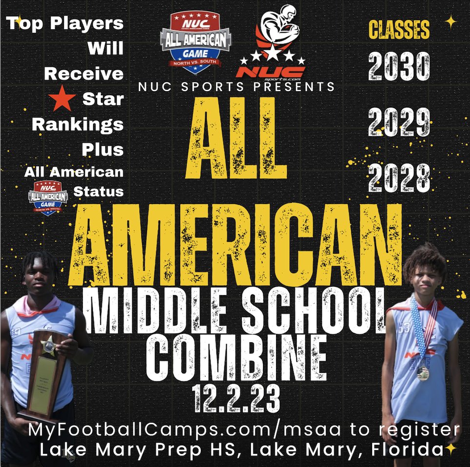 @manmankasino You are invited to NUC Sports Middle School All American Combine- Get Star Rankings and Named an All American. December 2, 2023, Lake Mary Prep, FL register at myfootballcamps.com/msaa