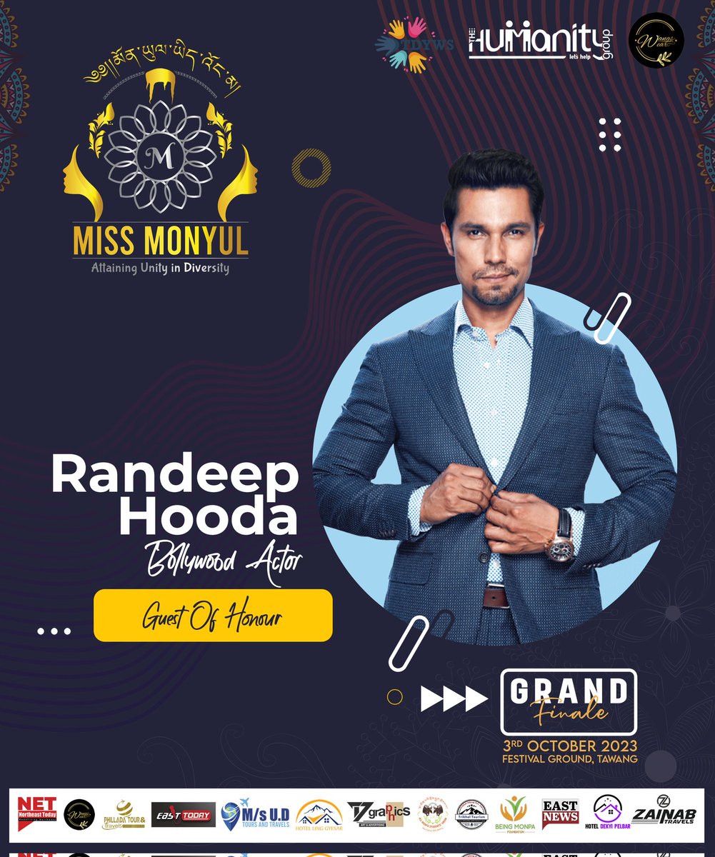Miss_Monyul's tweet photo. Delighted to announce that the charismatic Bollywood actor, Randeep Hooda, will be gracing us with his presence as the esteemed guest of honor at the much-awaited Grand Finale of Miss Monyul 2023.

#MissMonyul2023 #GrandFinale #BollywoodStar #ExcitementUnleashed https://t.co/YyDnxQXw6k