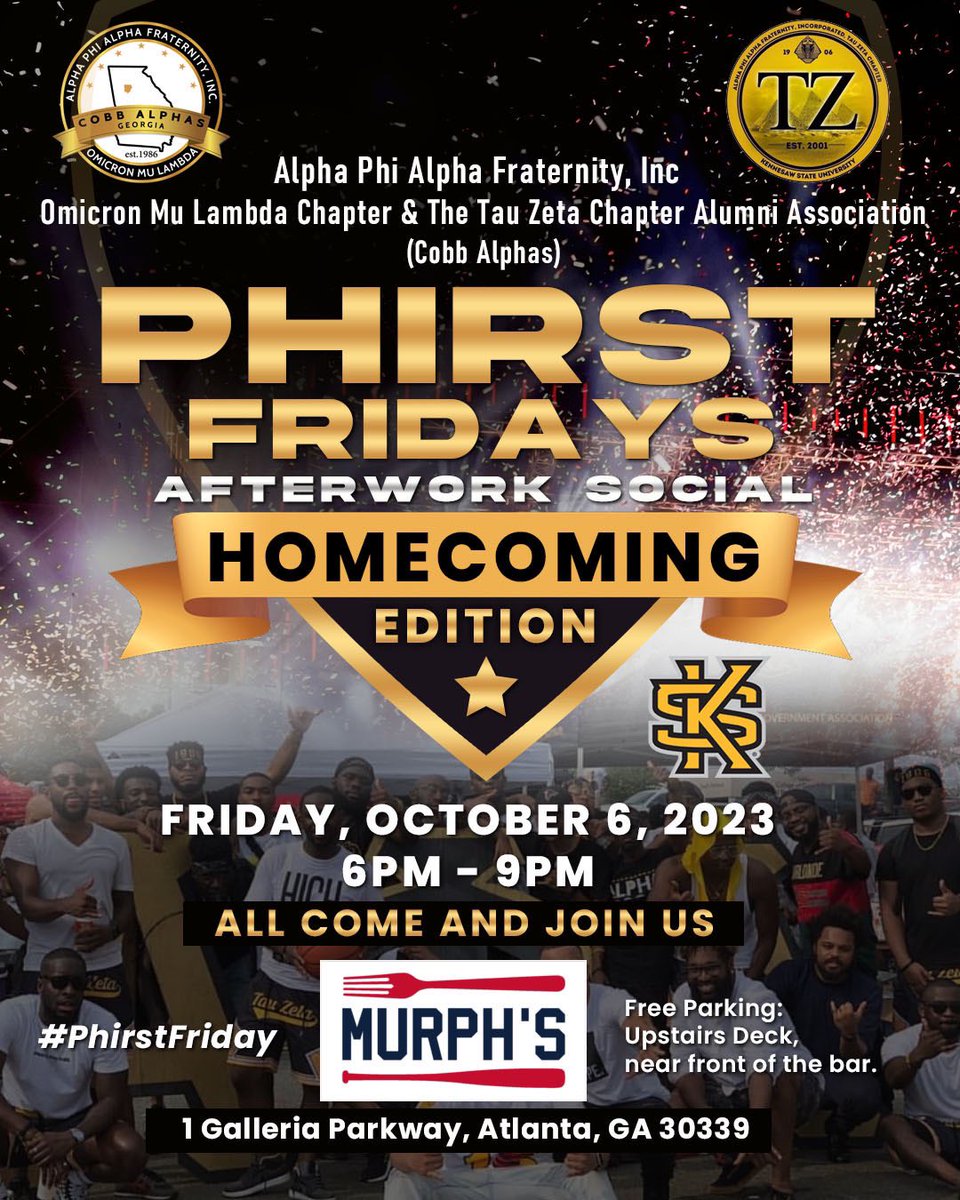 CobbAlphas's tweet photo. Unwind and connect with amazing people at #PhirstFriday, the hottest after-work social hosted by Cobb County Alphas! 🗓️ Join us on October 6th at Murph's and experience the ultimate Friday night vibe! 🍻🎊 #CobbAlphas #AfterWorkSocial #TGIF #SocialGathering https://t.co/XDnlN1CoVk