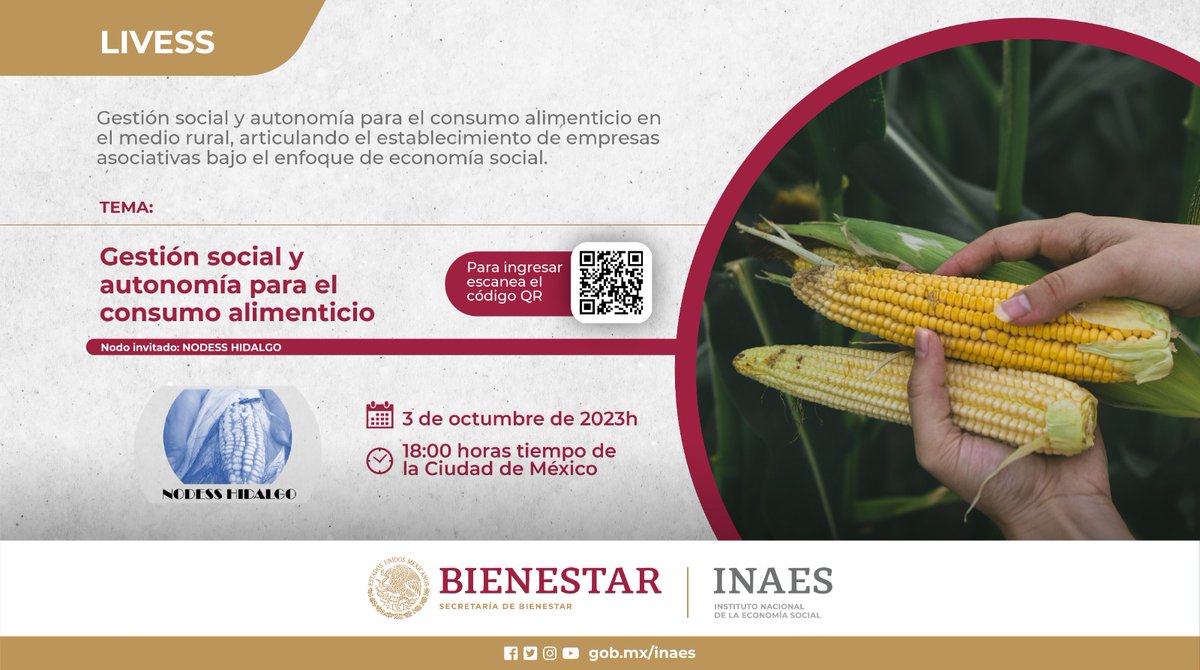 INAESMx's tweet photo. Mañana 3 de octubre a las 18:00 pm se lleva a cabo el #LIVESS el tema: Gestión Social y Autonomía para el Consumo Alimenticio el cual busca abrir nuestro panorama respecto al consumo alimenticio en el medio rural desde la perspectiva de #EconomíaSocial y Solidaria. ¡No faltes! https://t.co/jnSZFQ6sXM