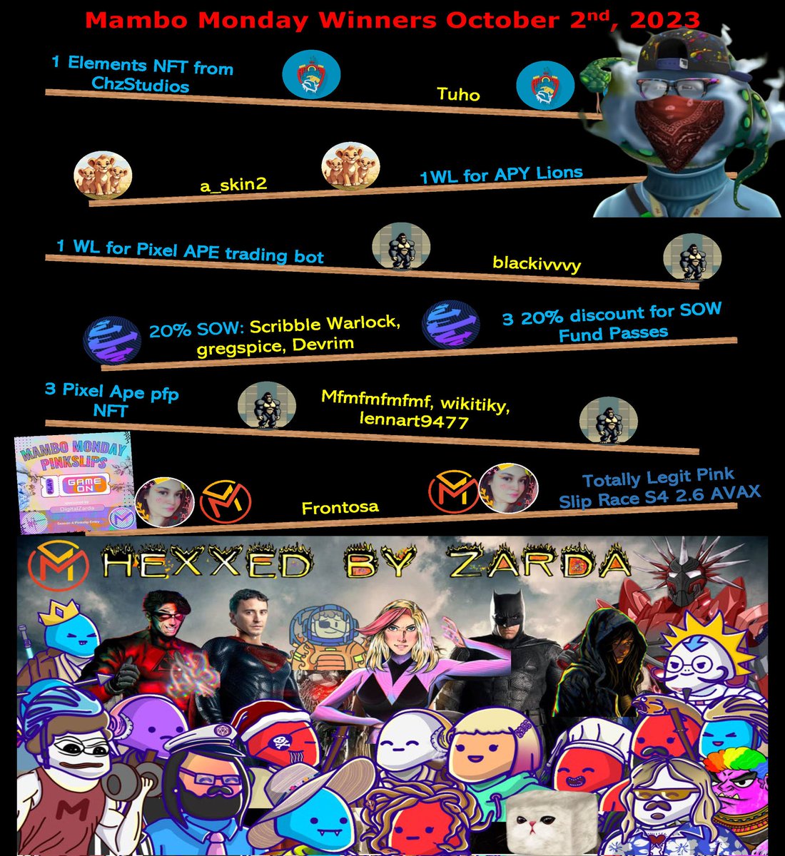 MamboMakers's tweet photo. Thank you so much for joining us today for another night of entertainment ❤

We had an amazing time with @Chiknwhalegod &amp; @MrWonderland21 and we're bullish on @ChzStudios ⭐

Congratulations to all the winners and see you next Monday 🤑 https://t.co/lGqnYfS9j7