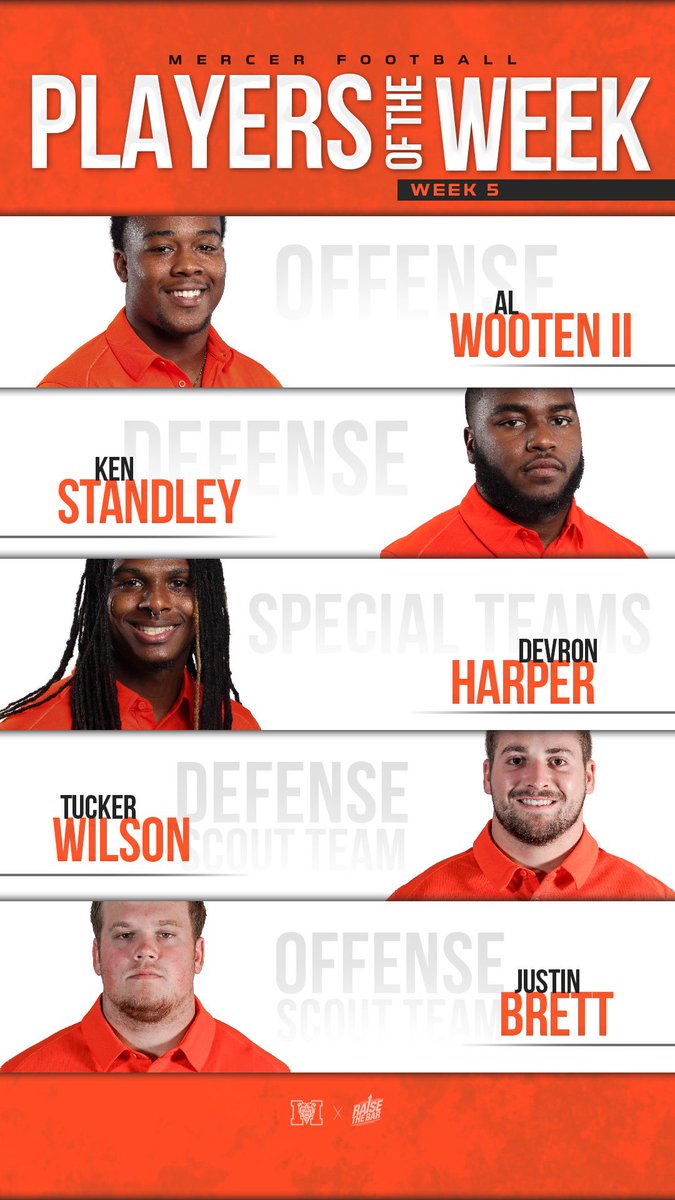 Congrats to our Week 5️⃣ Players of the Week!

<a href="/newera20ii/">Al Wooten II 𓅓𓅓</a> 
<a href="/standley_ken/">Ken Standley</a> 
<a href="/DevronHarper/">Devron Harper</a> 
<a href="/tuckerwilson22/">Tucker Wilson</a>
<a href="/JustinBrett9/">Justin Brett</a> 

#RaiseTheBar | #RoarTogether