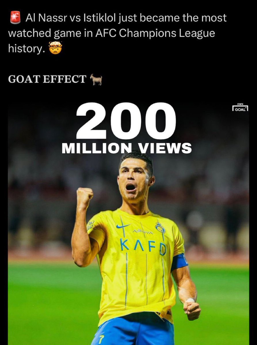 motabalawwd's tweet photo. نادي #النصر السعودي يسجل هذا المساء عبر لقاء #النصر_استقلول أكثر نادي مشاهدة في تاريخ دوري أبطال آسيا عبر التاريخ ومنذ تأسيس الاتحاد الاسيوي بـ ٢٠٠ مليون مشاهدة هو أكبر عدد مشاهدة في تاريخ دوري أبطال آسيا.
..
القوة السعودية الناعمة «تخطف عيون العالم» https://t.co/zJ4KagF8Vc