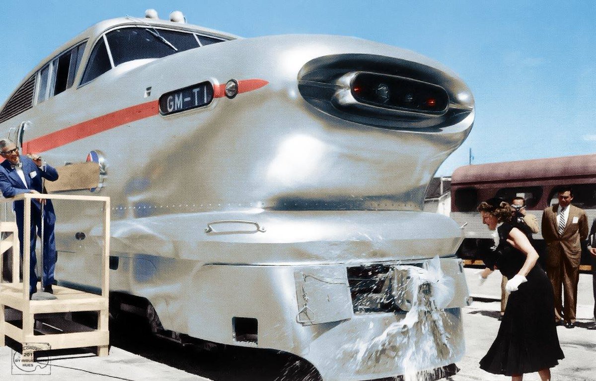 americanrails's tweet photo. Christening the General Motors' "Aerotrain," circa 1956. There were two demonstrator sets produced, powered by a 1,200 horsepower LWT12 locomotive (pictured). 

One, each, tested on the New York Central and Pennsylvania but the single 567C 12-cylinder prime mover ultimately proved unable to offer sufficient power. 

In addition, the cars were too light which resulted in a rough, jarring ride. Touted as the "future in rail transportation" the sets were later sold to Rock Island and quietly spent their years working suburban service until the mid-1960's. Photo colorized by Patty Allison.

https://t.co/abHi4dJOhA
