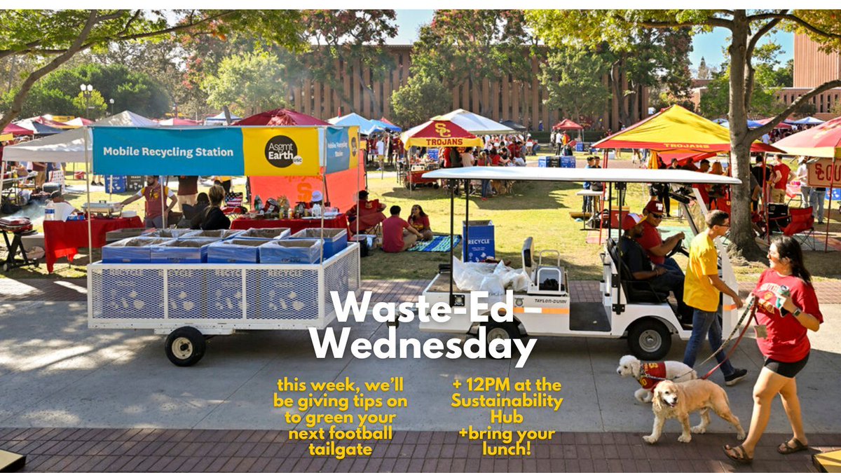 Come to the hub at noon for Waste-Ed Wednesday! Bring your lunch, learn about this week's topic: "Only 4 home games left of the football season. Learn how to green your tailgate and help USC score (zero waste) goals on AND off the field!" #uscsustainability