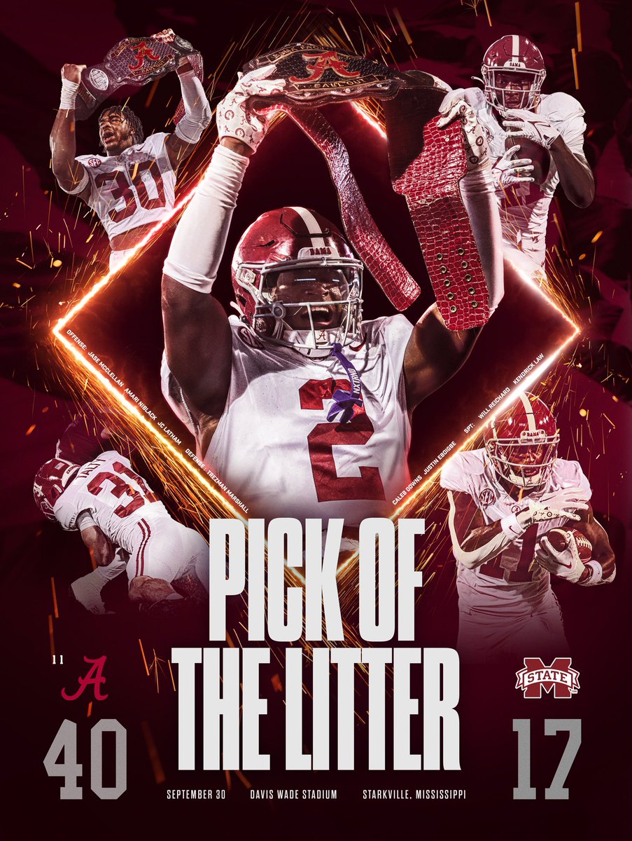 AlabamaFTBL's tweet photo. Game Win Poster: Mississippi State

🐘: 40  🐶: 17

#RollTide https://t.co/c2iRjETvok