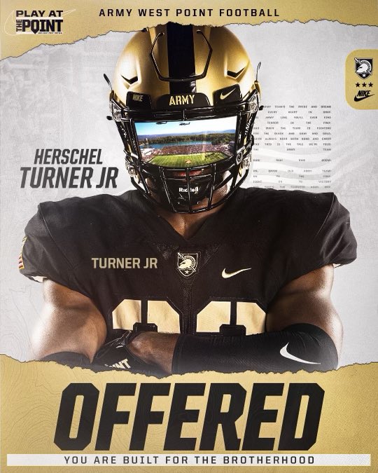 Herschel Turner Jr. (@herschelturner7) on Twitter photo After a great conversation with <a href="/CoachSeanCronin/">Sean Cronin</a> Im BLESSED to have received an offer from Army West Point!!! #GoArmy #TeamTurner #RedDevils <a href="/RBCoachPaige/">Coach Darren Paige</a> <a href="/MuaFetuao/">Coach Mua</a> <a href="/CoachTtime24/">Tommy Hampton</a> <a href="/morisuesue/">Mori suesue</a> <a href="/BrandonHuffman/">Brandon Huffman</a> After a great conversation with <a href="/CoachSeanCronin/">Sean Cronin</a> Im BLESSED to have received an offer from Army West Point!!! #GoArmy #TeamTurner #RedDevils <a href="/RBCoachPaige/">Coach Darren Paige</a> <a href="/MuaFetuao/">Coach Mua</a> <a href="/CoachTtime24/">Tommy Hampton</a> <a href="/morisuesue/">Mori suesue</a> <a href="/BrandonHuffman/">Brandon Huffman</a>