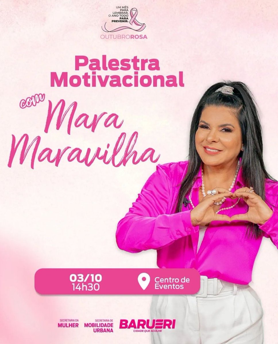 fcMaraMaravilha's tweet photo. 📌 Empenhada na campanha do Outubro Rosa, Mara Maravilha estará nesta terça-feira às 14h30 no Centro de Eventos de Barueri, com uma palestra motivacional https://t.co/scKCYWTfXL