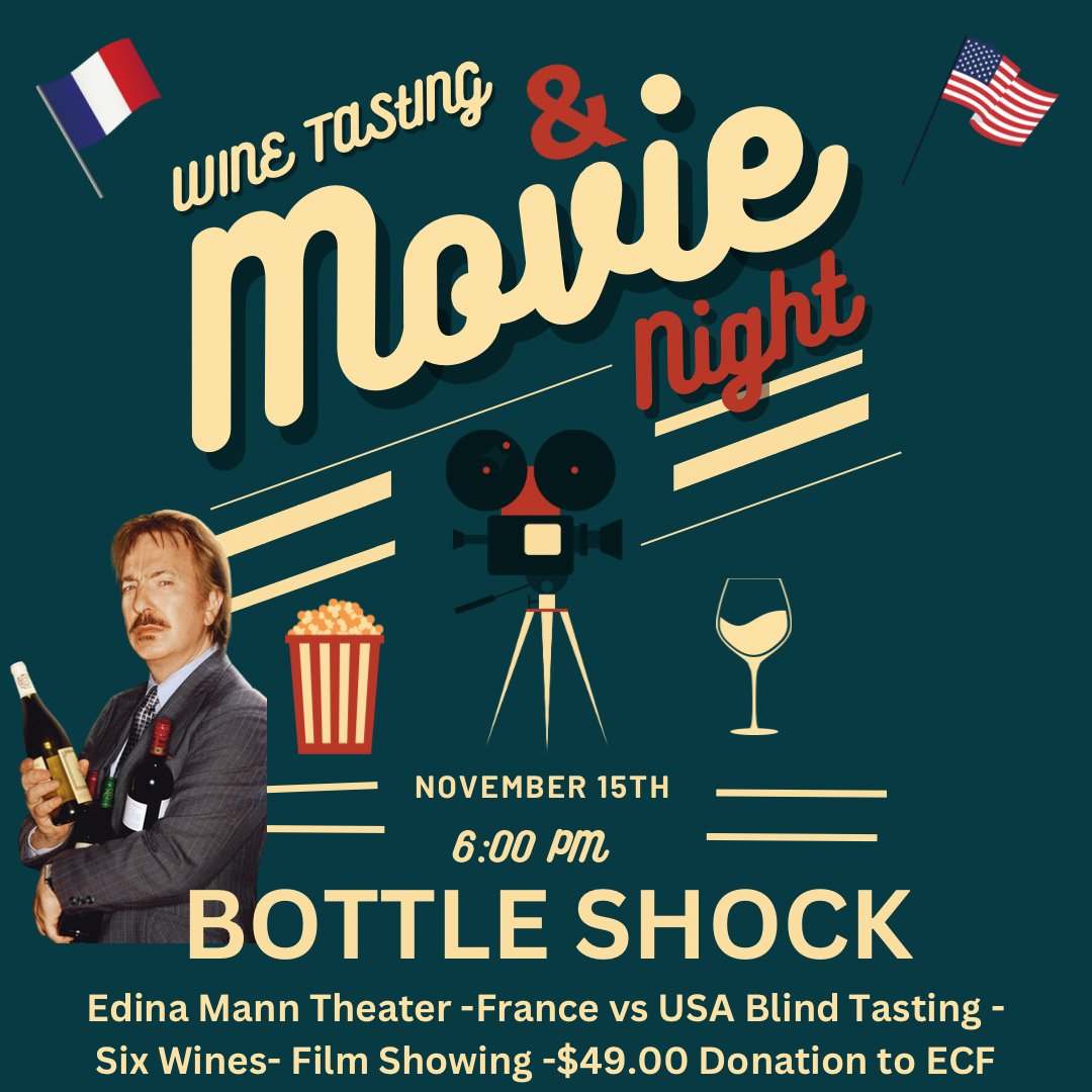 EdinaFoundation's tweet photo. Then, we'll watch Bottle Shock, based on the 1976 wine competition "The Judgement of Paris.”

Money raised stays in our community supporting ECF programs. Join us!

https://t.co/nHnfcN7OkV

(2/2) https://t.co/U0Kkad5ARc