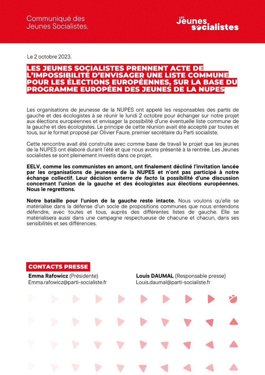 lesJeunesSoc's tweet photo. « Les Jeunes Socialistes prennent acte de l’impossibilité d’envisager une liste commune pour les élections européennes, sur la base du programme commun des jeunes de la NUPES »

Lisez notre communiqué ici 👇 https://t.co/S8BZEwW8Nd