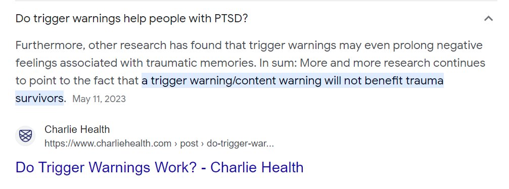 glennhefley's tweet photo. @harrietsherwood   The desire and need for trigger warnings is a symptom of PTSD, not a treatment. Avoidance of same or similar situations only keeps them sick, and in pain. It's not that hard to verify this. https://t.co/IwsvHiKCni