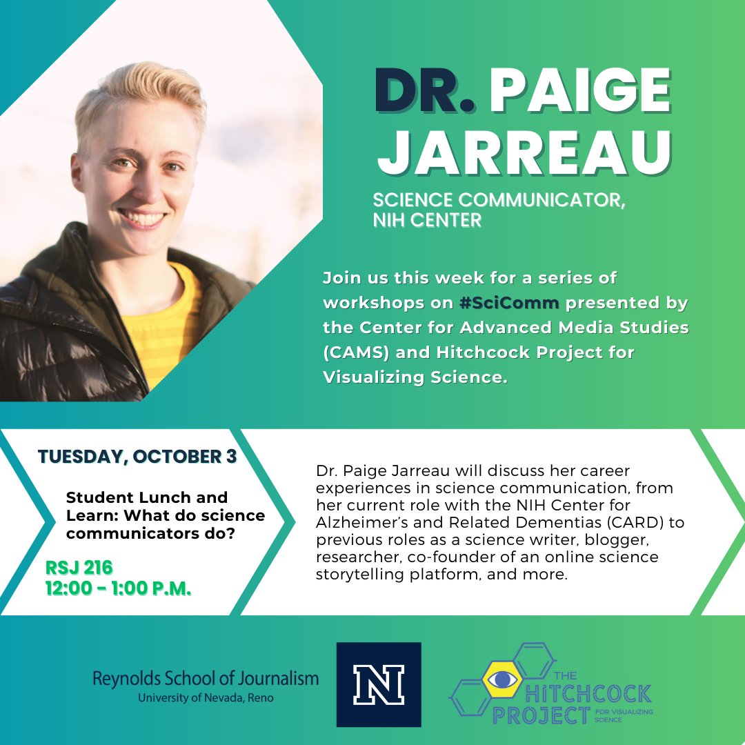 Hitchcock Project for Visualizing Science (@hitchscienceunr) on Twitter photo Attention <a href="/unevadareno/">University of Nevada, Reno</a> students! Interested in #SciComm careers? Ever wonder what a science communicator does? Join us tomorrow, Tues Oct 3, for a workshop with Dr. Paige Jarreau <a href="/FromTheLabBench/">Dr. Paige Jarreau</a> at <a href="/RSJNevada/">The Reynolds School</a>. 12-1 p.m. at RSJ 216. Message us for info! <a href="/UNRScience/">College of Science at the Uni. of Nevada, Reno</a> <a href="/nevada_water/">Graduate Program of Hydrologic Sciences</a> Attention <a href="/unevadareno/">University of Nevada, Reno</a> students! Interested in #SciComm careers? Ever wonder what a science communicator does? Join us tomorrow, Tues Oct 3, for a workshop with Dr. Paige Jarreau <a href="/FromTheLabBench/">Dr. Paige Jarreau</a> at <a href="/RSJNevada/">The Reynolds School</a>. 12-1 p.m. at RSJ 216. Message us for info! <a href="/UNRScience/">College of Science at the Uni. of Nevada, Reno</a> <a href="/nevada_water/">Graduate Program of Hydrologic Sciences</a>