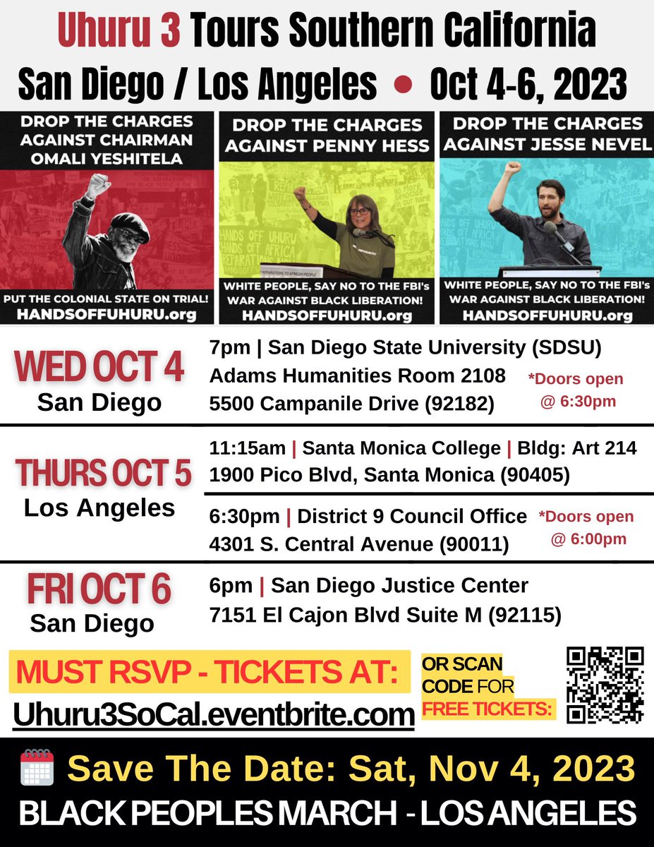 HandsOffUhuru's tweet photo. ‘The Uhuru 3’ tours Southern California!
From October 04-06, 2023, come out to San Diego and Los Angeles and San Diego (again).
RSVP: https://t.co/gbb2Vbz4sg
#Uhuru3 #TheUhuru3 #HandsOffUhuru #HandsOffAfrica #DropTheCharges #OmaliYeshitela #PennyHess #JesseNevel #California https://t.co/cMKPtvhf3o