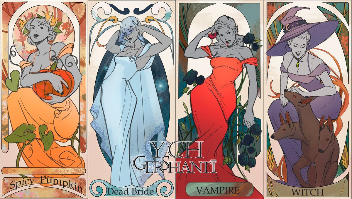 GerShanti's tweet photo. Alphons Mucha inspired Halloween YCHs

#alphonsmucha  #halloweenart #art #YCH 
#witch #vampire #deadbride https://t.co/JZMsEeKVN7