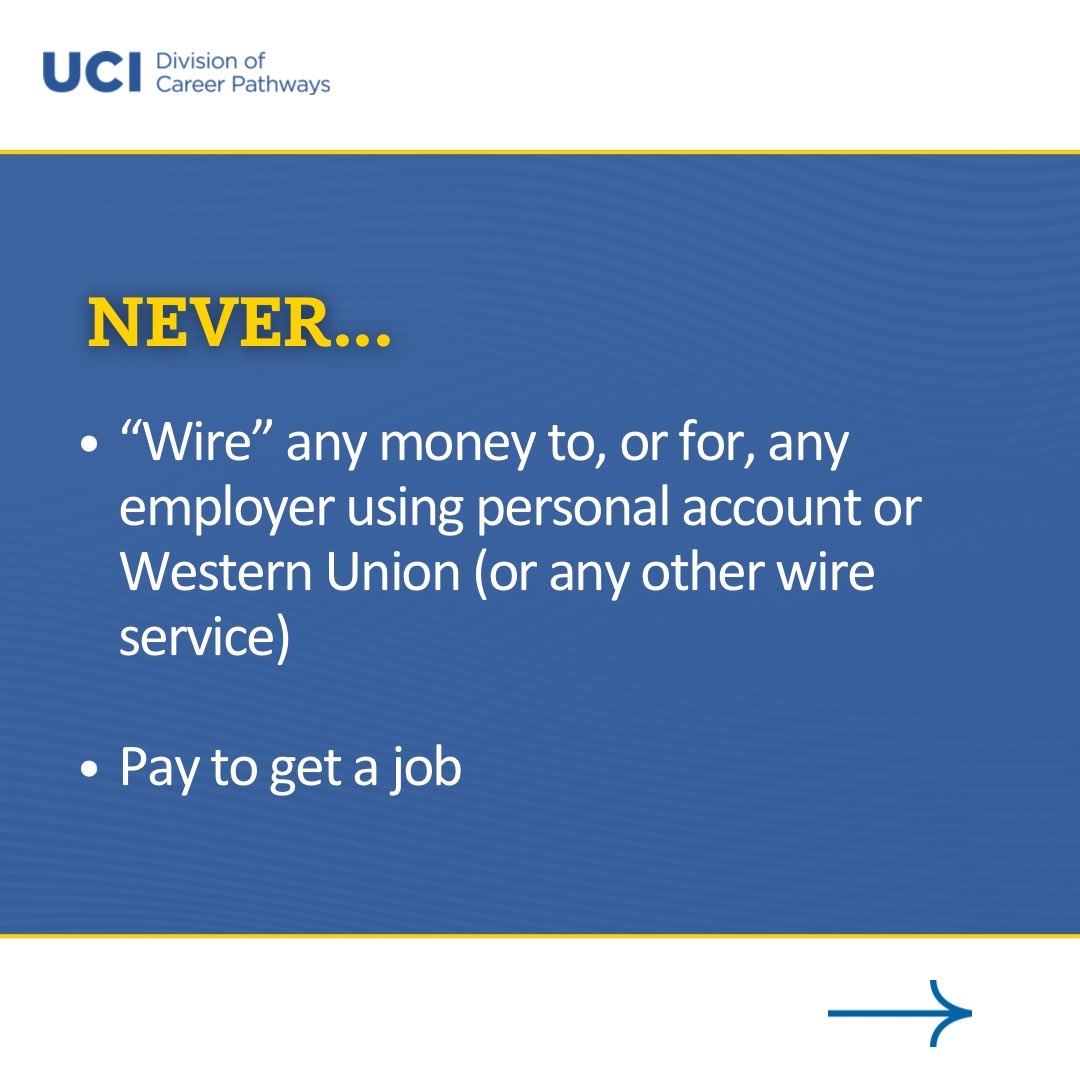 UCICareer's tweet photo. Do you REALLY know how to identify job posting scams? Swipe for the DOs and DON’Ts for your job search! Best of luck to those looking for jobs and internships🤞 Remember to watch out for scams and stay safe online ⚠️ Contact us if you are in doubt and want to check anything! https://t.co/P1UljZSkKk
