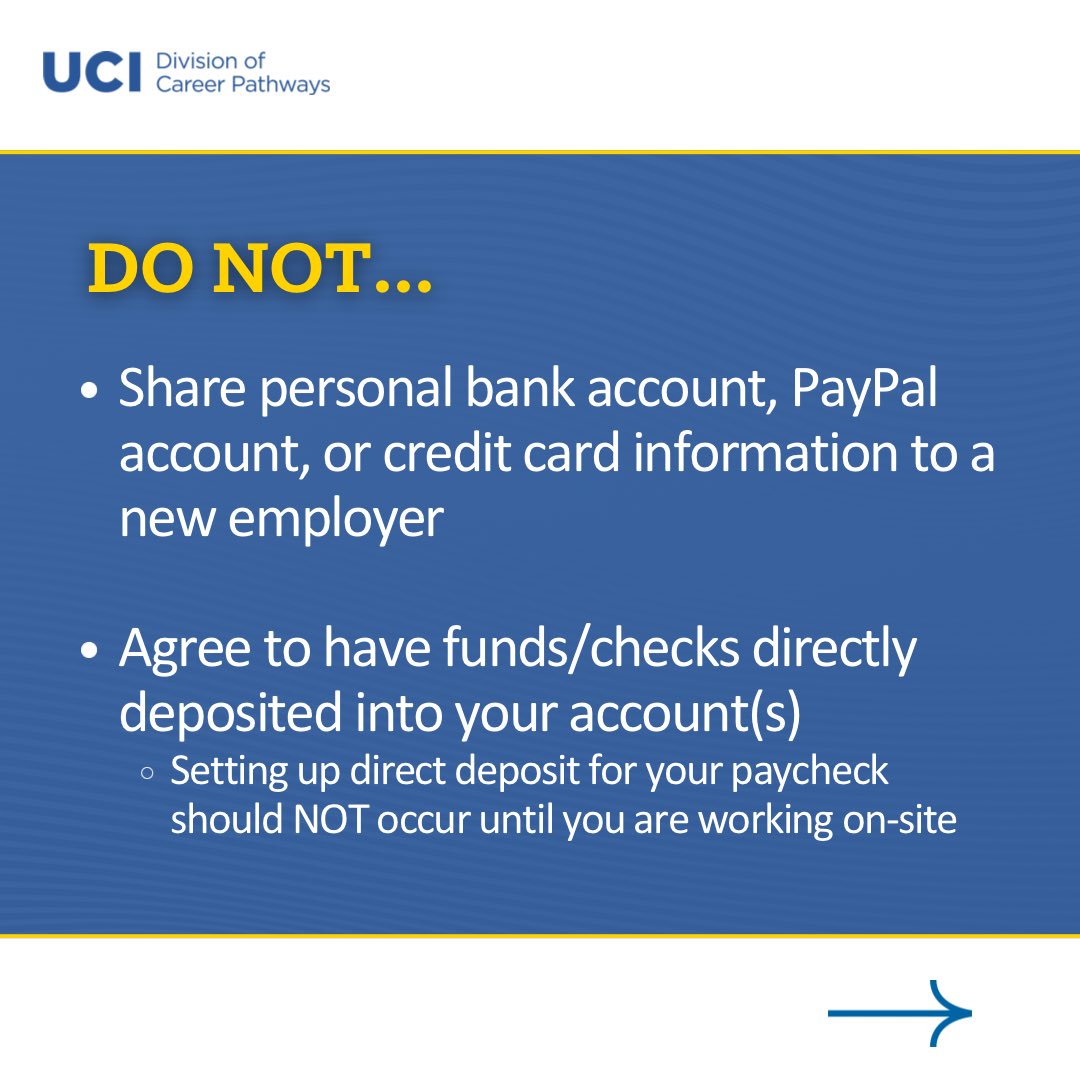 UCICareer's tweet photo. Do you REALLY know how to identify job posting scams? Swipe for the DOs and DON’Ts for your job search! Best of luck to those looking for jobs and internships🤞 Remember to watch out for scams and stay safe online ⚠️ Contact us if you are in doubt and want to check anything! https://t.co/P1UljZSkKk